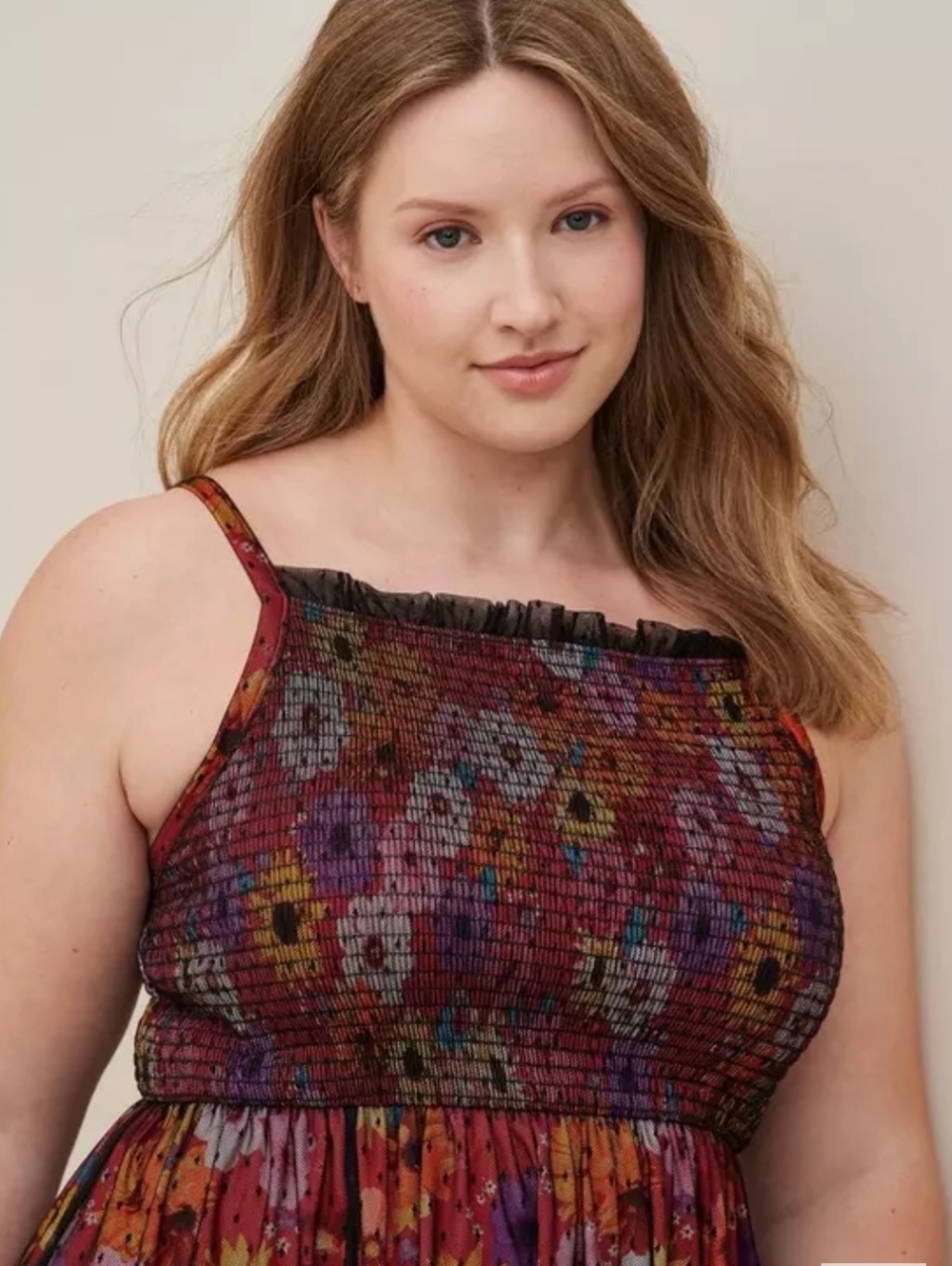 Torrid Smocked Tiered Midi Dress - Swiss Dot Mesh Floral Red 1X - Picture 3 of 11